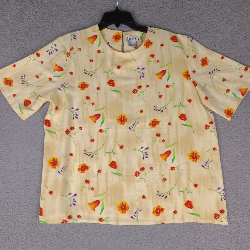 Vintage Erena Blouse Womens XL Yellow Floral Pullover Top Keyholeβ Back